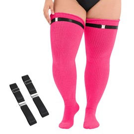 Plus Size Thigh High Socks Extra Long Socks Tube Socks Thick Stockings Striped Over Knee Socks Leg Warmer Hot Pink One Size