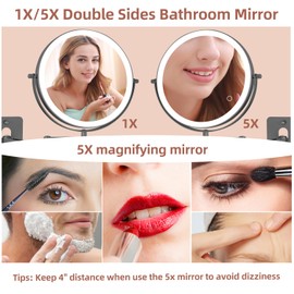 Rechargeable Wall Mounted Lighted Makeup Vanity Mirror 9 Inch Double Sided 1X 5X Magnifying Bathroom Mirror, 3 Color Lighting, Touch Screen Dimming, Extended Arm 360 Rotation Light up Mirror (Silver)