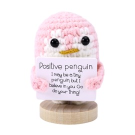 TOYMIS Funny Positive Penguin, 6 cm Crochet Penguin Doll with Positive Card and Wooden Base, Knitted Penguin Support, Positive Potatoes, Encouragement Gifts for Friends (Pink)