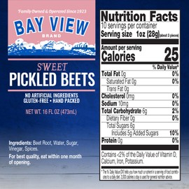 Bay View Sweet Pickled Beets, Hand-Packed in a Blend of VInegar and Natural Sugar, Bold, Tangy, Sweet, Perfect for Salads, Sandwiches (16oz)