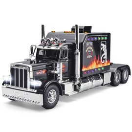 OANMYJJO Semi Truck for Boys Tow Trucks Toy,Metal Diecast Trucks Model with Light and Sound Pull Back Semi Truck Toy,Truck and Trailer Toys for Boys Age 4-7(Black)