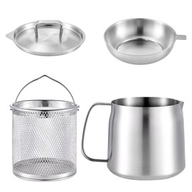 50oz/1.5L 304 Stainless Steel Oil Filter Pot, Bacon Grease Saver with Strainer & Deep Fryer Basket, Multifunctional Grease Container for Kitchen Compatible with All Cooktops, Dishwasher Safe