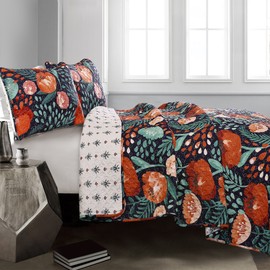 Lush Decor 3 Piece Poppy Garden Quilt Set, King, Navy