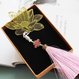 Gold Metal Bookmarks with Tassels Brass Bookmark Lotus Hollow Bookmark Reading Gifts for Book Lovers Teacher Appreciation, Pink