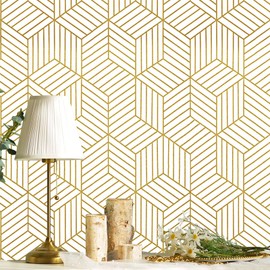 White and Gold Peel and Stick Wallpaper Geometric Hexagon Wallpaper Removable Self Adhesive Wall Paper Gold Striped Vinyl Contact Paper for Cabinets Shelf Drawer Renter Friendly 15.7"x118" Upgrade