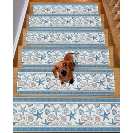 Stair Treads for Wooden Steps,Ocean Starfish Coastal Coral Summer Nautical Non Slip Stair Carpet Indoor Stair Runner Staircase Step Treads,Beach Shells Blue Stair Mat 8x30in 15 Pcs