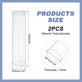 MECCANIXITY Tubos de almacenamiento de plástico transparente, 2 x 8 pulgadas (50 x 200 mm), tubo de almacenamiento redondo rígido transparente con tapa negra, juego de 2