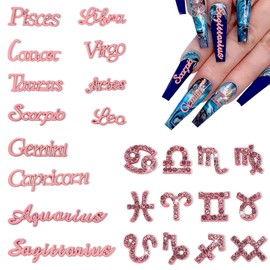 XEAOHESY 24 Pieces Pink Alloy Zodiac Nail Charms Zodiac Sign Charms for Nails Twelve Constellation Words Charms Virgo Leo Aries Taurus Gemini Capricorn Zodiac Nail Charms for Women Nail Art Decoration