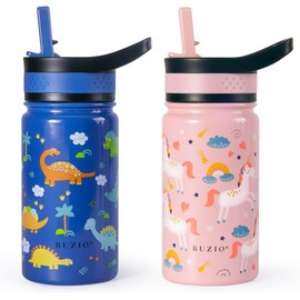 BUZIO 2 Pack Kids Water Bottle for School, 400ml Stainless Steel Vacuum Insulated Sports Water Bottle with Straw Lid, Wide Mouth Leak Proof Drink Flask for Boy Girl(Pink Unicorn+Blue Dinosaur)
