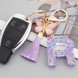 Suweibuke Cute Pink Key Chains for Women Girls, Initial Letter Keychains with Tassel, Charms for Key Purse Handbags Backpacks (Purple Butterfly Letter-R)