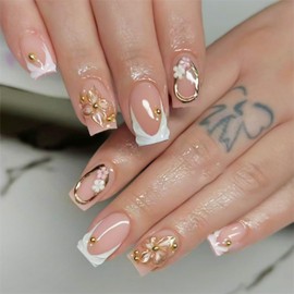 24Pcs White French Tip Press on Nails Medium Square Fake Nails Summer Flowers False Nail with Pearl Rhinestones Designs 3D Gold Irregular Lines Acrylic Nail Reusable Stick on Nails for Women Girls