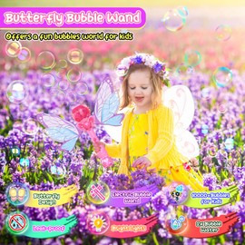 Babuloo Butterfly Bubble Wand for Kids Girls, Automatic Bubble Machine with Lights/10000+ Bubbles/2 Bubble Solution, Handheld 10 Holes Bubble Wand Machine Toy for Outdoor Party Wedding Gift-Pink