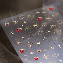 LIFOOST Moon Star Nail Art Stickers 3D Gold Bronzing Planets Heart Nail Stickers for Nail Art, Self-Adhesive Luxury Nail Decals for Women Girls Nail Design, Manicure Decoration