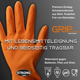 Stronghand Grip Orange Disposable Gloves Grip Orange Size L Nitrile Pack of 50 Extremely Strong