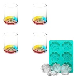 IDEËN Set of 4 Rainbow Glasses and Cat Paw Shape Ice Tray, Vibrant and Fun Design, Perfect for Serving Drinks and Creating Fun Ice Cubes