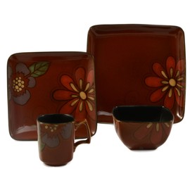 ColorUs China Tikal Square Coupe Stoneware 16-Piece Dinnerware Set, Dark Red, Service for 4