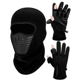 Geyoga Winter Fishing Hunting Gloves and Balaclava Face Mask Set Full Finger Fingerless Face Cover for Men Women(XL)