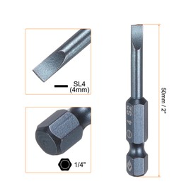 HARFINGTON SL4 Magnetic Slotted Screwdriver Bits 4mm S2 Steel Flat Head Screwdriver Bit 1/4" Hex Shank Screw Driver Drill Bits 50mm (2") Long for Screws