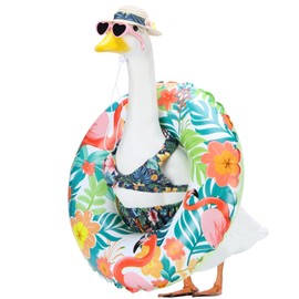 EKOREST Hawaiian Porch Goose Outfits for 23 Inch Lawn Statue, Summer Bikini with Swim Ring Costume for Plastic/Cement Statue, Tropical Sculpture Clothes for Swimming Pool Party Beach Decoration