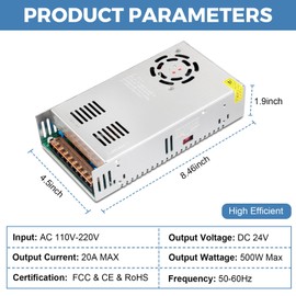 HPMN 24V 20A 480W Power Supply AC/DC Adapter Universal Regulated Switching AC 110-220V to DC 24 Volt 20 Amp Converter Transformer LED Driver for LED Strip Light CCTV Camera