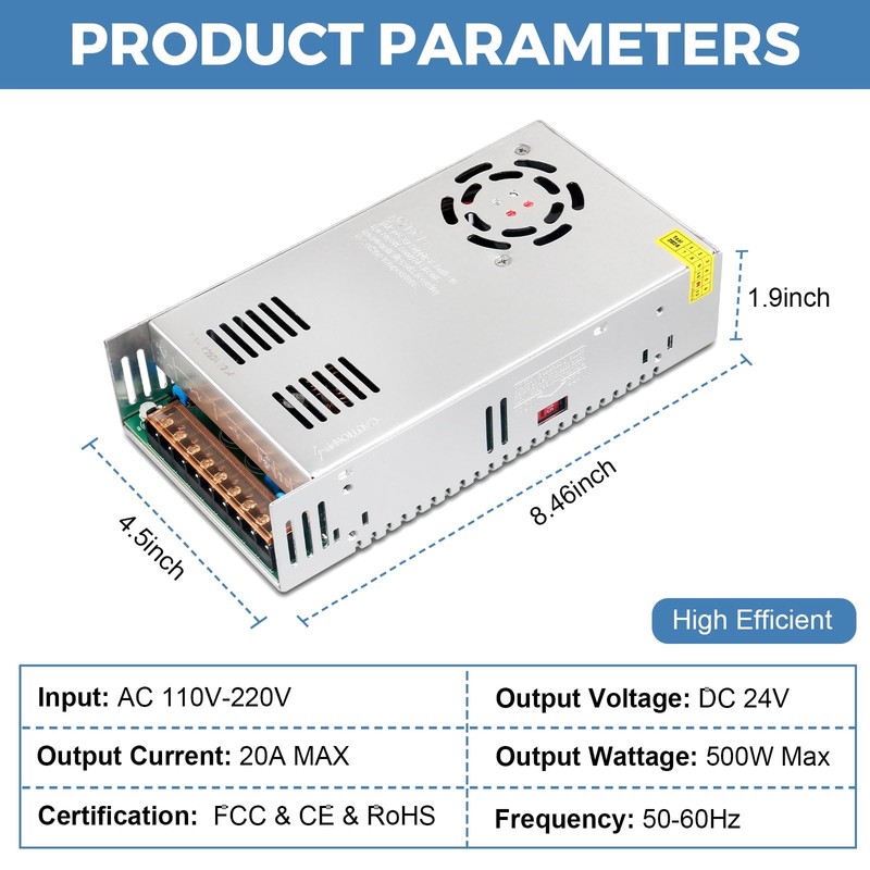 HPMN 24V 20A 480W Power Supply AC/DC Adapter Universal Regulated
