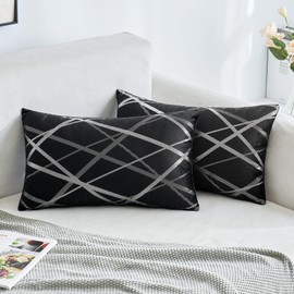 MIULEE Set of 2 Velvet Cushion Covers Silver Throw Pillow Case Decorative Square Bright Line Design Pillowcovers for Couch Livingroom Sofa Bed Bedroom 30x50 cm 12x20 Inch Black