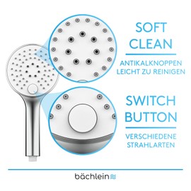 Bächlein Universal Shower Head with 3 Jet Types, Easy to Change with Practical Push Button - Round Shower Head Chrome - Hand Shower with Standard G 1/2 Inch Connection Dimensions