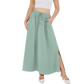 Askyes Womens Maxi Skirts Summer High Waisted A-Line Casual Work Side Slit Flowy Long Skirts with Pockets,Bamboo Green,XL