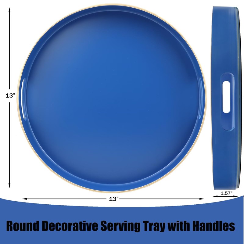 Omuriko Royal Blue Round Decorative Tray with Handles, 13" Versatile