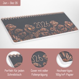 Häfft® Weekly Desk Calendar 2026 Landscape "Poppy" 1 Week 2 Pages, Desk Calendar with Sayings, Weekly Calendar 29.7 x 11.6 cm - Sustainable and Climate Friendly