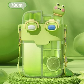 Kawaii Water Bottles with Straw, Fashion Plastic Double Drinking Water Bottle Adjustable Strap for Sports Fitness Gym Camping Water Jug (Lime Green 780ml)