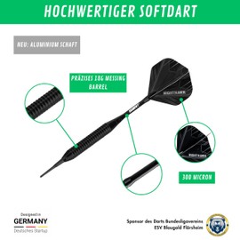 Champify® 18 g brass soft darts set "Nighthawk" with plastic tip, 3 darts with 6 shafts and 6 flights and 30 soft dart tips, including other accessories, darts with plastic tips