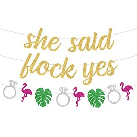 Flamingo Hen Party Decorations, She Said Flock Yes Banner, Flamingo Diamond Ring Palm Leaves Garland for Tropical Hawaiian Luau Bridal Shower Engagement Wedding Bachelorette Party