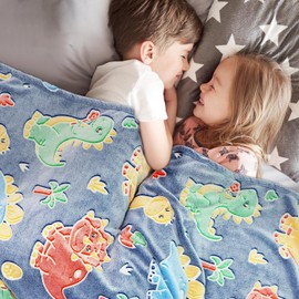 Cute Kids Blanket Glow in The Dark Dinosaur for Boys Flannel Glowing Bed Sofa Couch Soft Warm Blankets Christmas Birthday Gifts Teen 80"x60"