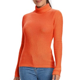 LANPULUX 100% Merino Wool Turtleneck Knit Sweaters for Women Casual Pullover Long Sleeve Tops Orange X-Large