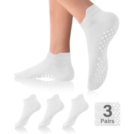 DIBAOLONG Pilates Socks with Grips for Women Yoga Socks Non Slip Barre Hospital Socks 6-Pairs Grippy Ankle Socks, 3 Pair With Grips (3 Pair White), 8-10