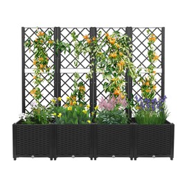 4PCS Plastic Planter Box with Trellis,63"x16"x56" Raised Garden Bed with Trellis for Plant & Flower,Outdoor Planter Box for Climbing Plants Vegetables Vines,Backyard Patio Privacy Planter with Trellis