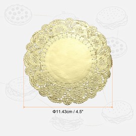 sourcing map 100pcs Lace Paper Doilies 4.5 Inch Gold Round Disposable Decorative Paper Placemats Hollow Flower Absorbing Papers for Cakes Desserts Food Decoration Wedding Birthday