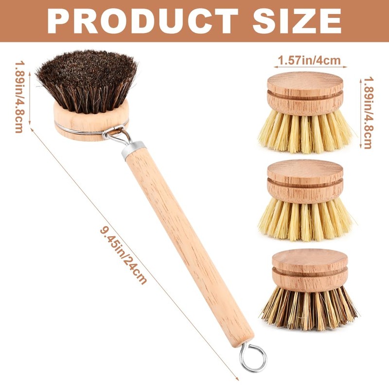 Wooden Dish Brush with 3 Replaceable Natural Bristle Heads