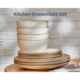 ONEMORE Plates and Bowls Set, Dinnerware Sets for 4, Porcelain Kitchen Dishes Set 12pcs, Scratch Resistant, Modern Aesthetic Plate Set - Microwave & Dishwasher Safe,Cream White
