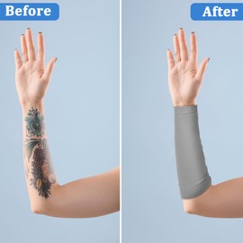 Vicenpal 2 Pairs Full Forearm Tattoo Cover up Compression Sleeves Band Concealer Support UV Arm Sleeves for Women Men (Gray, Black)