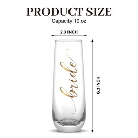LADY&HOME Bridesmaid Stemless Champagne Flutes, 10oz Bride Wine Glasses for Bachelorette Party Weddings(Bride)