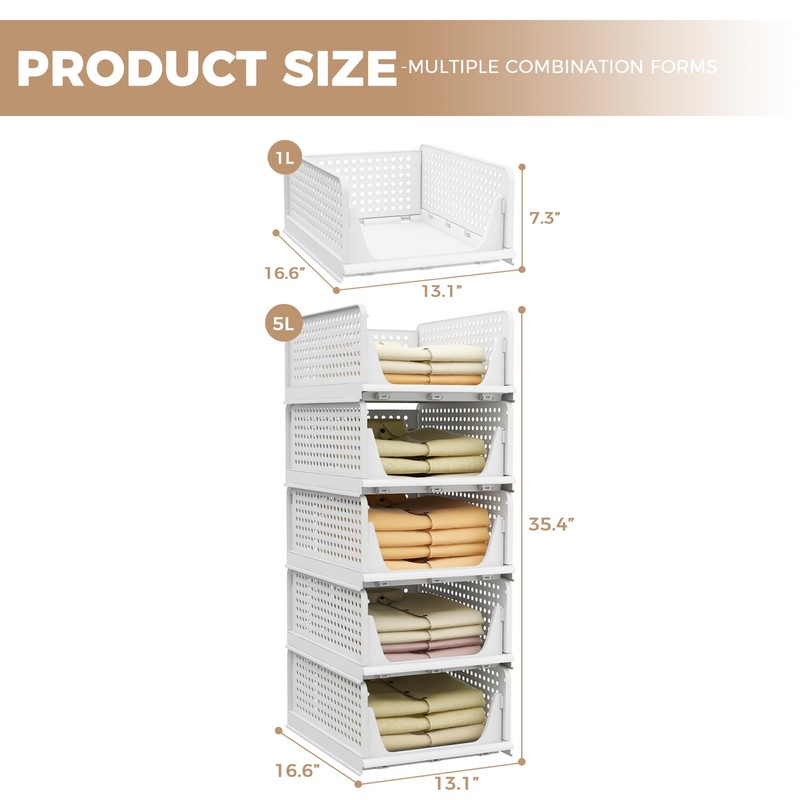 Pinkpum Stackable Plastic Storage Basket-Foldable Closet Organizers and Storage Bins