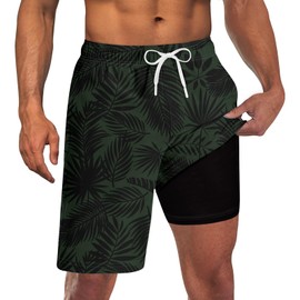 Goodstoworld Hawaiian Green Swimming Trunks with Compression Liner Mens Coconut Tree Swim Shorts Bathing Suit 2 in 1 Beach Board Shorts Swimsuit Long for Outdoor Sports Surfing Swimming