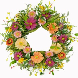 Furisin Artificial Summer Wreaths for Front Door Daisy Wreath with Mixed Daisy Flower for Front Door Indoor Outdoor Farmhouse Home Wall Porch Decoration (Pink Daisy)
