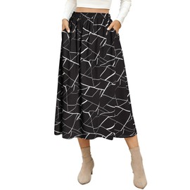 BERYDRESS Berydres Midi Skirts for Women Trendy Summer Elastic High Waisted Casual Fall A Line Skirts with Pockets(L,6272-Black Stripe)