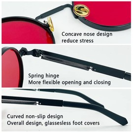 Inlefen Round Vintage Men's Metal Circle Sunglasses Women Men Sunglasses UV400 Protection, Black Red C4