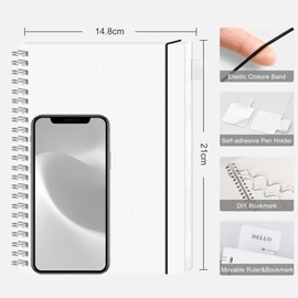 RETTACY A5 Notebook Grid Graph Paper, Spiral Notebook 160Pages/80 Sheets Journal for Women Men,Notepad with 100gsm Paper for Writing,PVC Pocket, Pen Loop, Ruler, Bookmark,14.5 x 20.7cm- Transparent