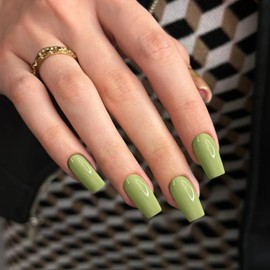 KQueenest Olive Green Press on Nails Long Medium Square, Glazed Fake Nails Press ons, Glue on Nails Coffin For Women, Gel Square Tip Nails, Acrylic False Nails Set For Finger Decoration, 24 Pcs