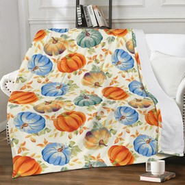 Fall Blanket 50"x60" Autumn Orange Teal Blue Pumpkin Maple Leaves Throw Blankets Seasons Soft Warm Cozy Lightweight Harvest Thanksgiving Flannel Throw Blanket for Couch,Bed,Living Room,Dorm,Travel